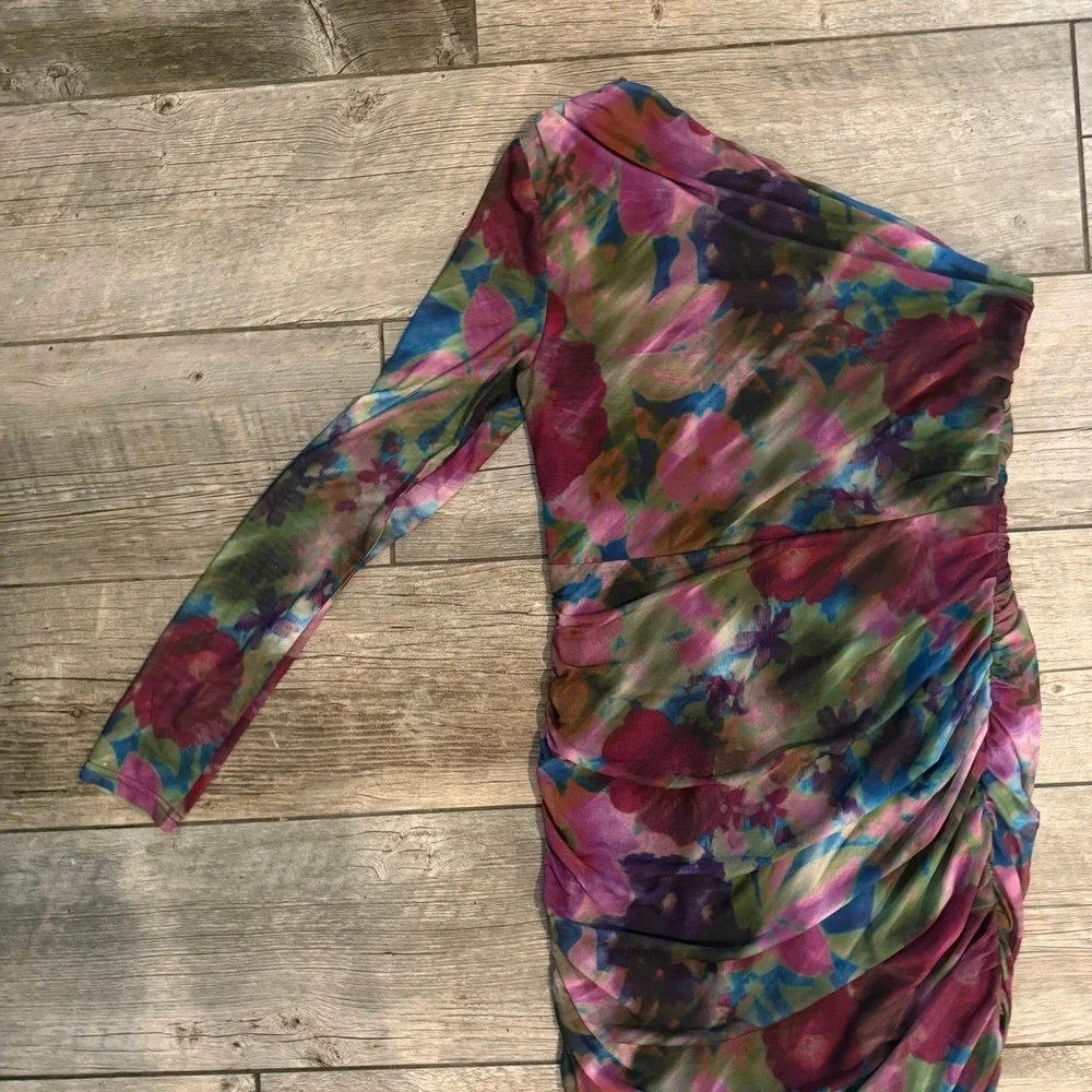 Showpo One Shoulder Ruched Mesh Midi Dress Floral Watercolor Purple Teal US 8 - Picture 3 of 7